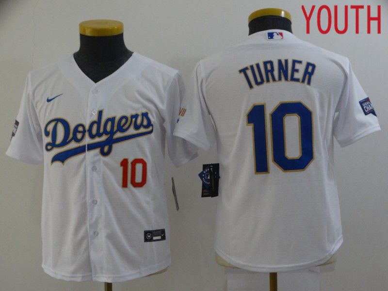 Youth Los Angeles Dodgers 10 Turner White Nike Game 2021 MLB Jersey